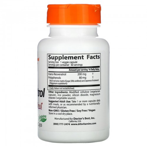 Doctor's Best, транс-ресвератрол 200 с Resvinol, 200 мг, 60 вегетарианских капсул Doctor's Best, транс-ресвератрол 200 с Resvinol, 200 мг, 60 вегетарианских капсул